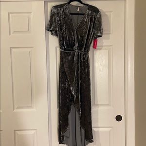 Grey Crushed Velvet Wrap Dress